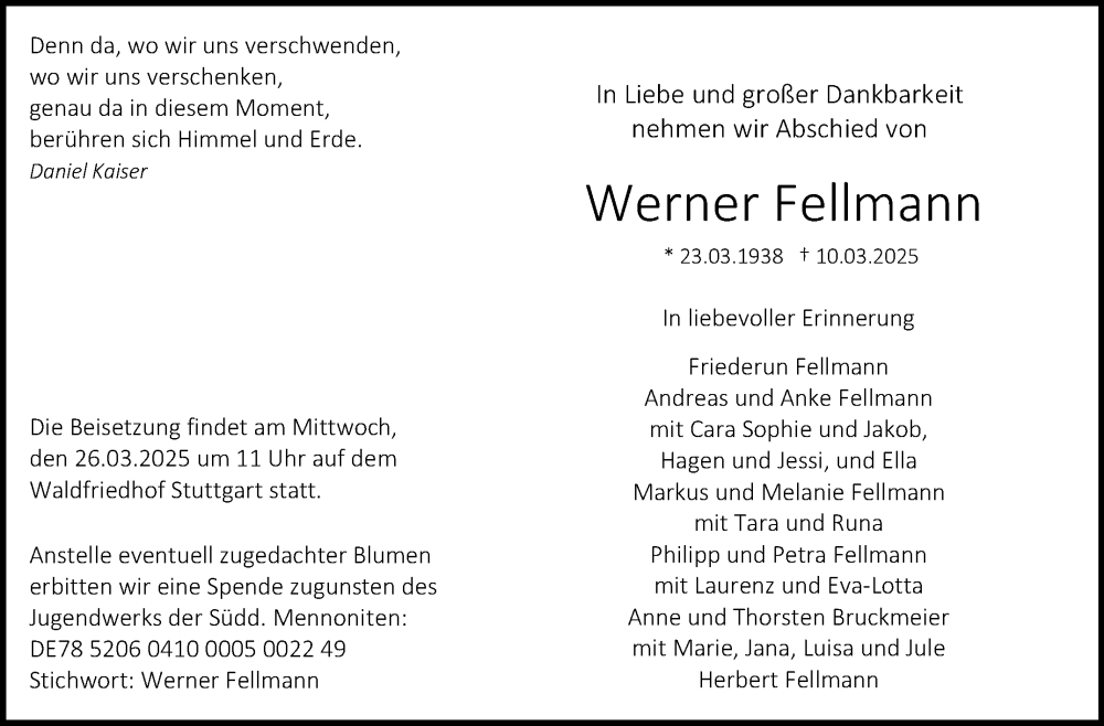  Traueranzeige für Werner Fellmann vom 15.03.2025 aus Stuttgarter Zeitung / Stuttgarter Nachrichten