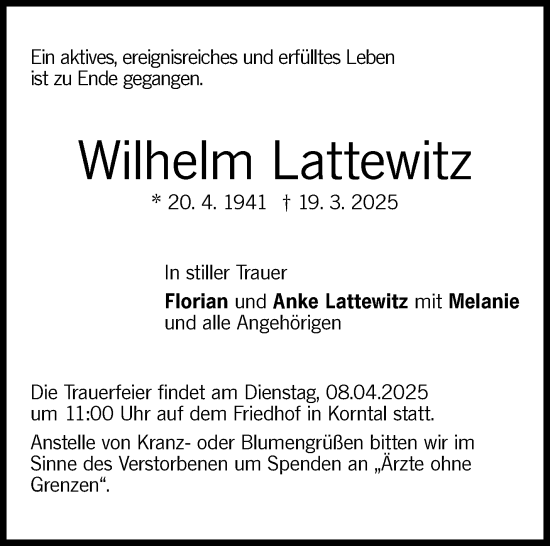 Traueranzeige von Wilhelm Lattewitz von Stuttgarter Zeitung / Stuttgarter Nachrichten