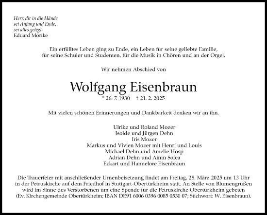 Traueranzeige von Wolfgang Eisenbraun von Stuttgarter Zeitung / Stuttgarter Nachrichten