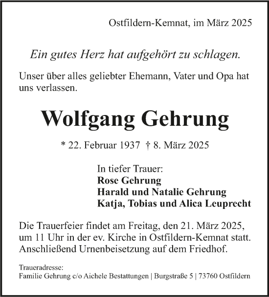 Traueranzeige von Wolfgang Gehrung von Stuttgarter Zeitung / Stuttgarter Nachrichten