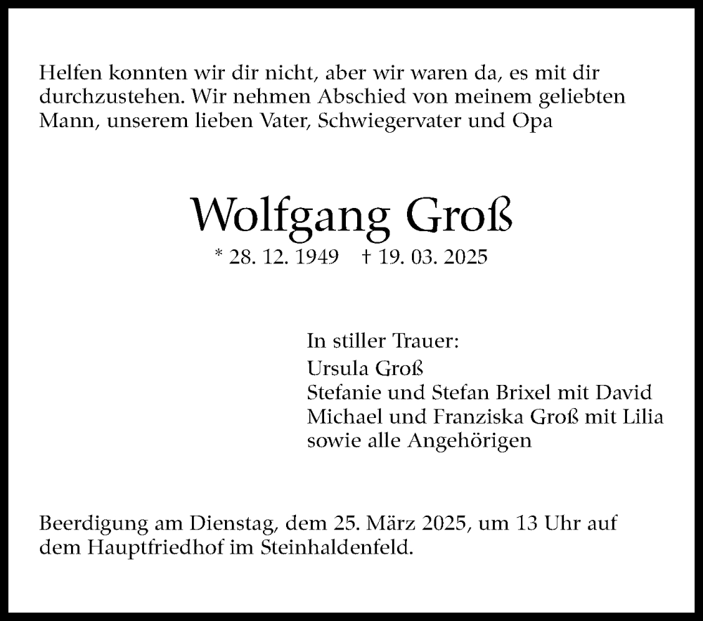  Traueranzeige für Wolfgang Groß vom 22.03.2025 aus Stuttgarter Zeitung / Stuttgarter Nachrichten