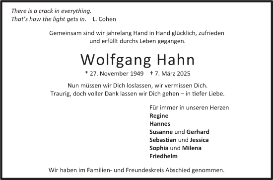 Traueranzeige von Wolfgang Hahn von Stuttgarter Zeitung / Stuttgarter Nachrichten