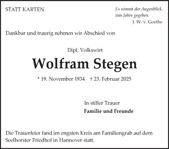 Traueranzeige von Wolfram Stegen von Stuttgarter Zeitung / Stuttgarter Nachrichten