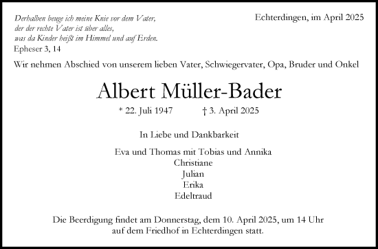 Traueranzeige von Albert Müller-Bader von Stuttgarter Zeitung / Stuttgarter Nachrichten