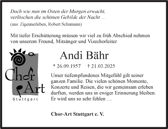 Traueranzeige von Andi Bähr von Stuttgarter Zeitung / Stuttgarter Nachrichten