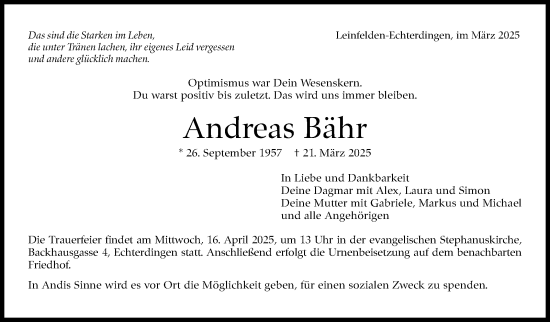 Traueranzeige von Andreas Bähr von Stuttgarter Zeitung / Stuttgarter Nachrichten
