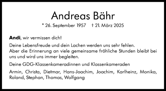 Traueranzeige von Andreas Bähr von Stuttgarter Zeitung / Stuttgarter Nachrichten