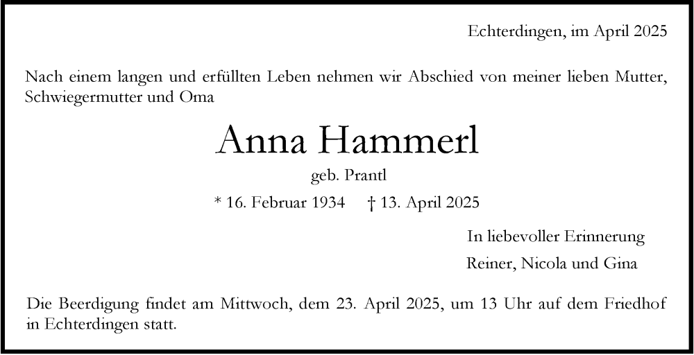  Traueranzeige für Anna Hammerl vom 17.04.2025 aus Stuttgarter Zeitung / Stuttgarter Nachrichten