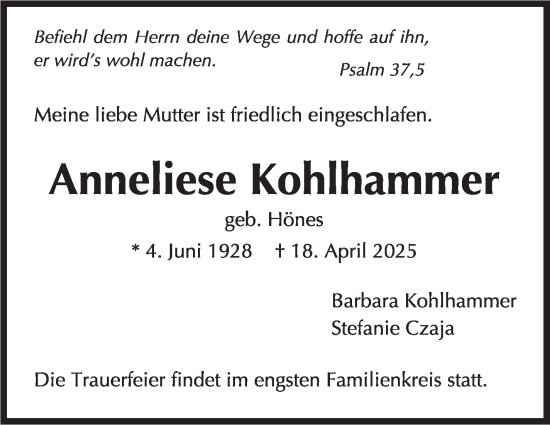 Traueranzeige von Anneliese Kohlhammer von Stuttgarter Zeitung / Stuttgarter Nachrichten