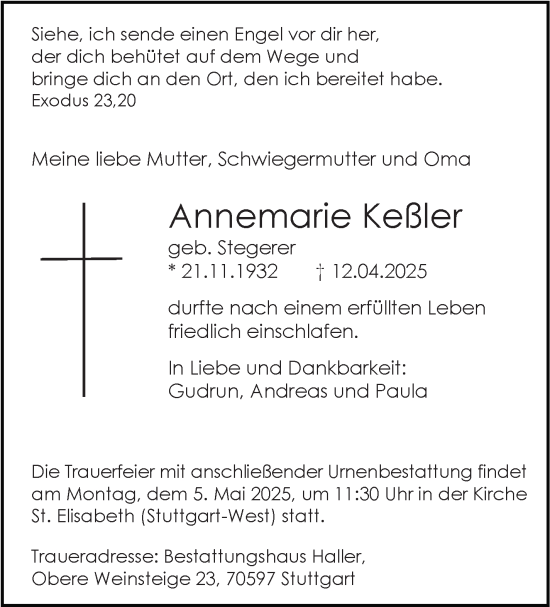 Traueranzeige von Annemarie Keßler von Stuttgarter Zeitung / Stuttgarter Nachrichten