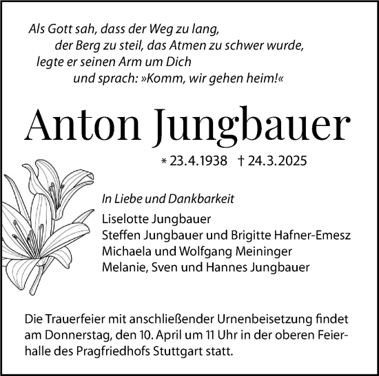Traueranzeige von Anton Jungbauer von Stuttgarter Zeitung / Stuttgarter Nachrichten