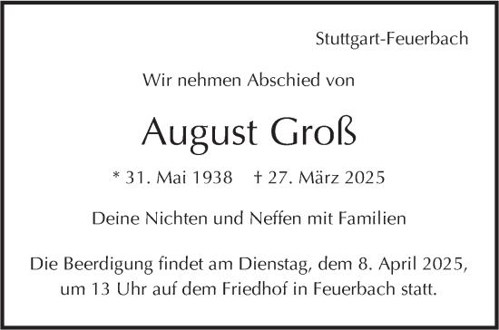 Traueranzeige von August Groß von Stuttgarter Zeitung / Stuttgarter Nachrichten