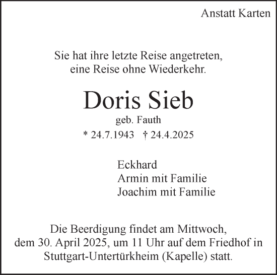 Traueranzeige von Doris Sieb 