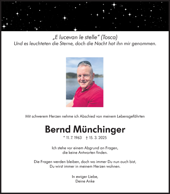 Traueranzeige von Bernd Münchinger von Stuttgarter Zeitung / Stuttgarter Nachrichten