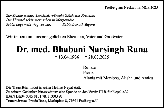 Traueranzeige von Bhabani Narsingh Rana von Stuttgarter Zeitung / Stuttgarter Nachrichten