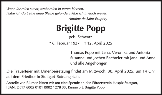 Traueranzeige von Brigitte Popp von Stuttgarter Zeitung / Stuttgarter Nachrichten