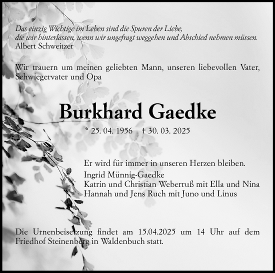 Traueranzeige von Burkhard Gaedke von Stuttgarter Zeitung / Stuttgarter Nachrichten