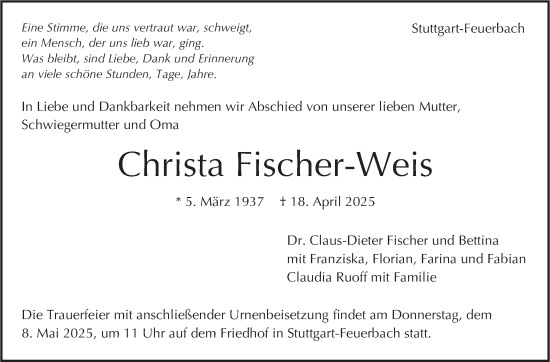 Traueranzeige von Christa Fischer-Weis von Stuttgarter Zeitung / Stuttgarter Nachrichten