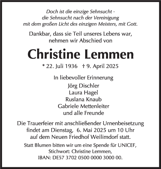 Traueranzeige von Christine Lemmen von Stuttgarter Zeitung / Stuttgarter Nachrichten