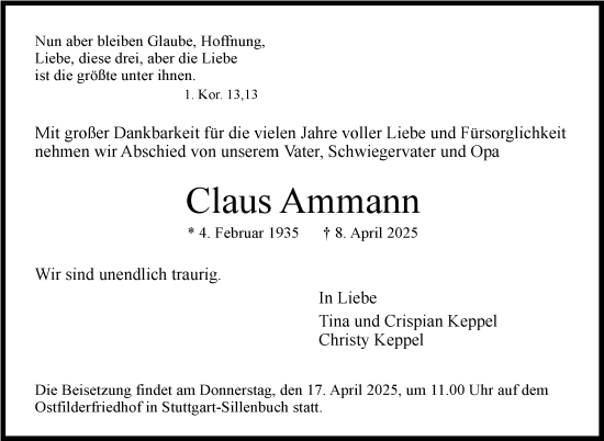 Traueranzeige von Claus Ammann von Stuttgarter Zeitung / Stuttgarter Nachrichten