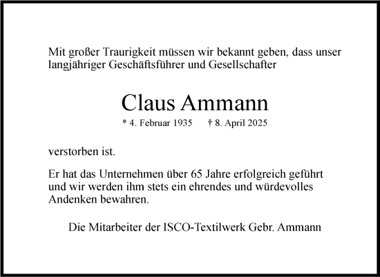 Traueranzeige von Claus Ammann von Stuttgarter Zeitung / Stuttgarter Nachrichten