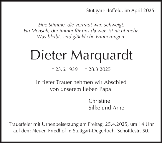 Traueranzeige von Dieter Marquardt von Stuttgarter Zeitung / Stuttgarter Nachrichten