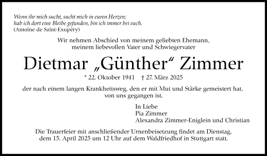 Traueranzeige von Dietmar Zimmer von Stuttgarter Zeitung / Stuttgarter Nachrichten