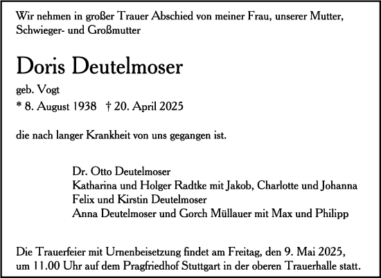 Traueranzeige von Doris Deutelmoser von Stuttgarter Zeitung / Stuttgarter Nachrichten