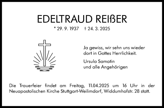 Traueranzeige von Edeltraud Reißer von Stuttgarter Zeitung / Stuttgarter Nachrichten