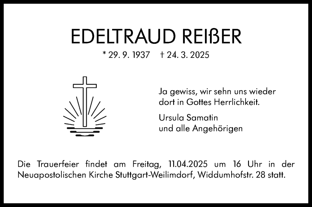  Traueranzeige für Edeltraud Reißer vom 05.04.2025 aus Stuttgarter Zeitung / Stuttgarter Nachrichten