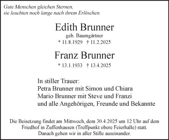 Traueranzeige von Edith Brunner von Stuttgarter Zeitung / Stuttgarter Nachrichten