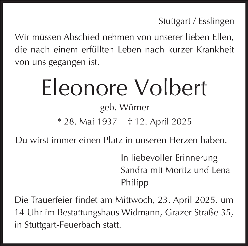  Traueranzeige für Eleonore Volbert vom 19.04.2025 aus Stuttgarter Zeitung / Stuttgarter Nachrichten