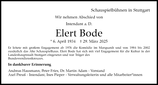 Traueranzeige von Elert Bode von Stuttgarter Zeitung / Stuttgarter Nachrichten