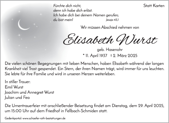Traueranzeige von Elisabeth Wurst von Stuttgarter Zeitung / Stuttgarter Nachrichten