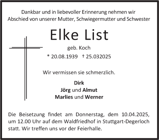 Traueranzeige von Elke List von Stuttgarter Zeitung / Stuttgarter Nachrichten