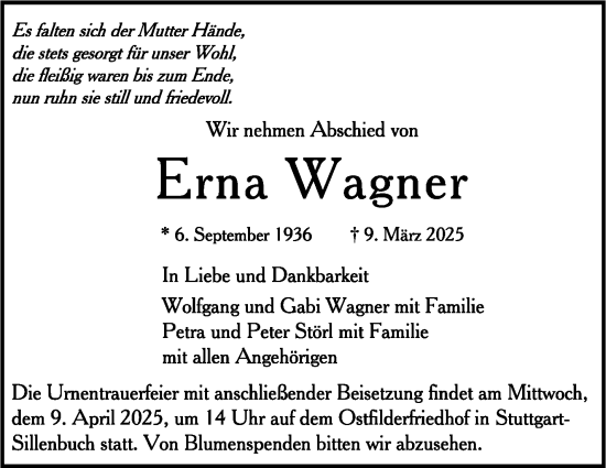 Traueranzeige von Erna Wagner von Stuttgarter Zeitung / Stuttgarter Nachrichten