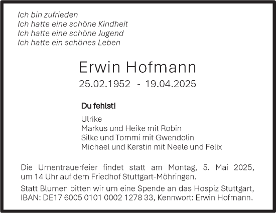Traueranzeige von Erwin Hofmann von Stuttgarter Zeitung / Stuttgarter Nachrichten