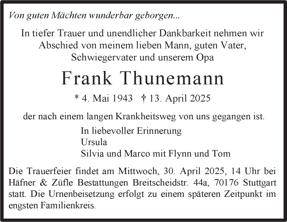  Traueranzeige für Frank Thunemann vom 22.04.2025 aus Stuttgarter Zeitung / Stuttgarter Nachrichten
