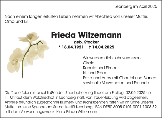 Traueranzeige von Frieda Witzemann von Stuttgarter Zeitung / Stuttgarter Nachrichten