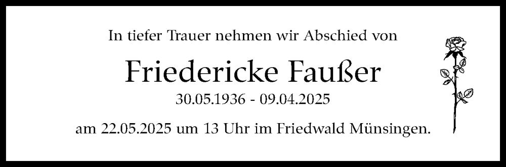  Traueranzeige für Friedericke Faußer vom 19.04.2025 aus Stuttgarter Zeitung / Stuttgarter Nachrichten