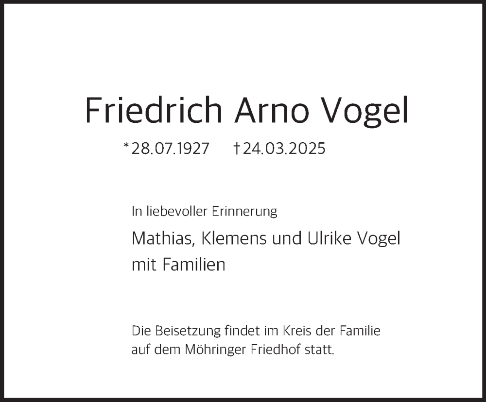  Traueranzeige für Friedrich Arno Vogel vom 05.04.2025 aus Stuttgarter Zeitung / Stuttgarter Nachrichten