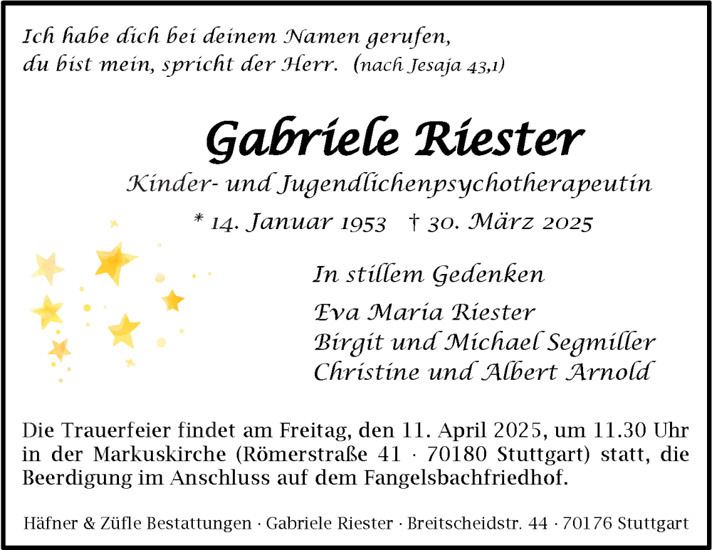  Traueranzeige für Gabriele Riester vom 08.04.2025 aus Stuttgarter Zeitung / Stuttgarter Nachrichten