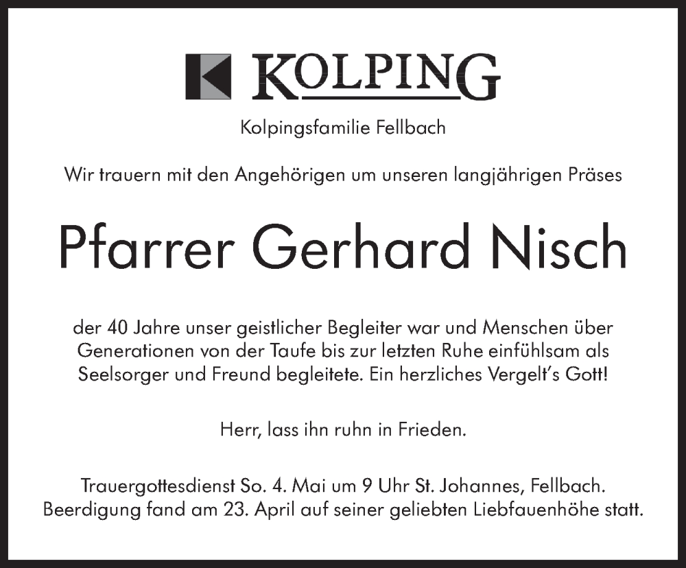  Traueranzeige für Gerhard Nisch vom 30.04.2025 aus Stuttgarter Zeitung / Stuttgarter Nachrichten