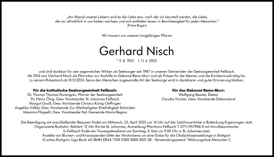 Traueranzeige von Gerhard Nisch von Stuttgarter Zeitung / Stuttgarter Nachrichten