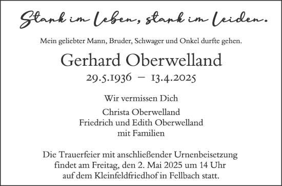 Traueranzeige von Gerhard Oberwelland von Stuttgarter Zeitung / Stuttgarter Nachrichten