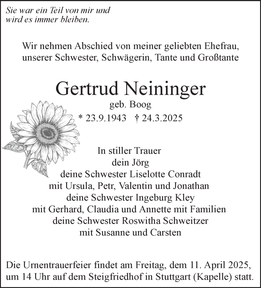  Traueranzeige für Gertrud Neininger vom 05.04.2025 aus Stuttgarter Zeitung / Stuttgarter Nachrichten