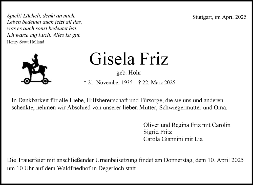  Traueranzeige für Gisela Friz vom 02.04.2025 aus Stuttgarter Zeitung / Stuttgarter Nachrichten