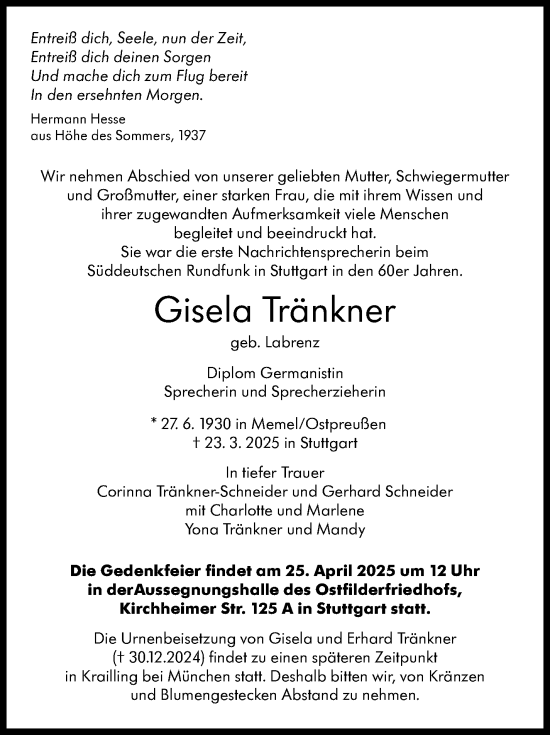 Traueranzeige von Gisela Tränkner von Stuttgarter Zeitung / Stuttgarter Nachrichten