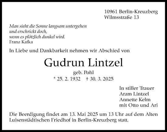 Traueranzeige von Gudrun Lintzel von Stuttgarter Zeitung / Stuttgarter Nachrichten
