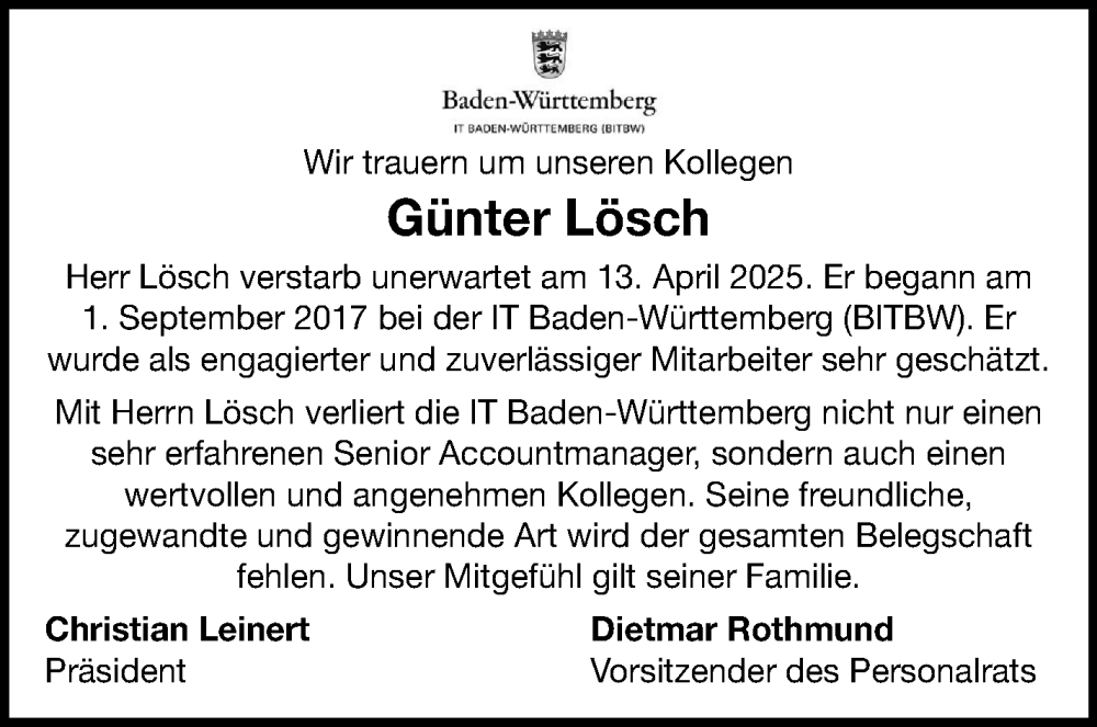  Traueranzeige für Günter Lösch vom 26.04.2025 aus Stuttgarter Zeitung / Stuttgarter Nachrichten